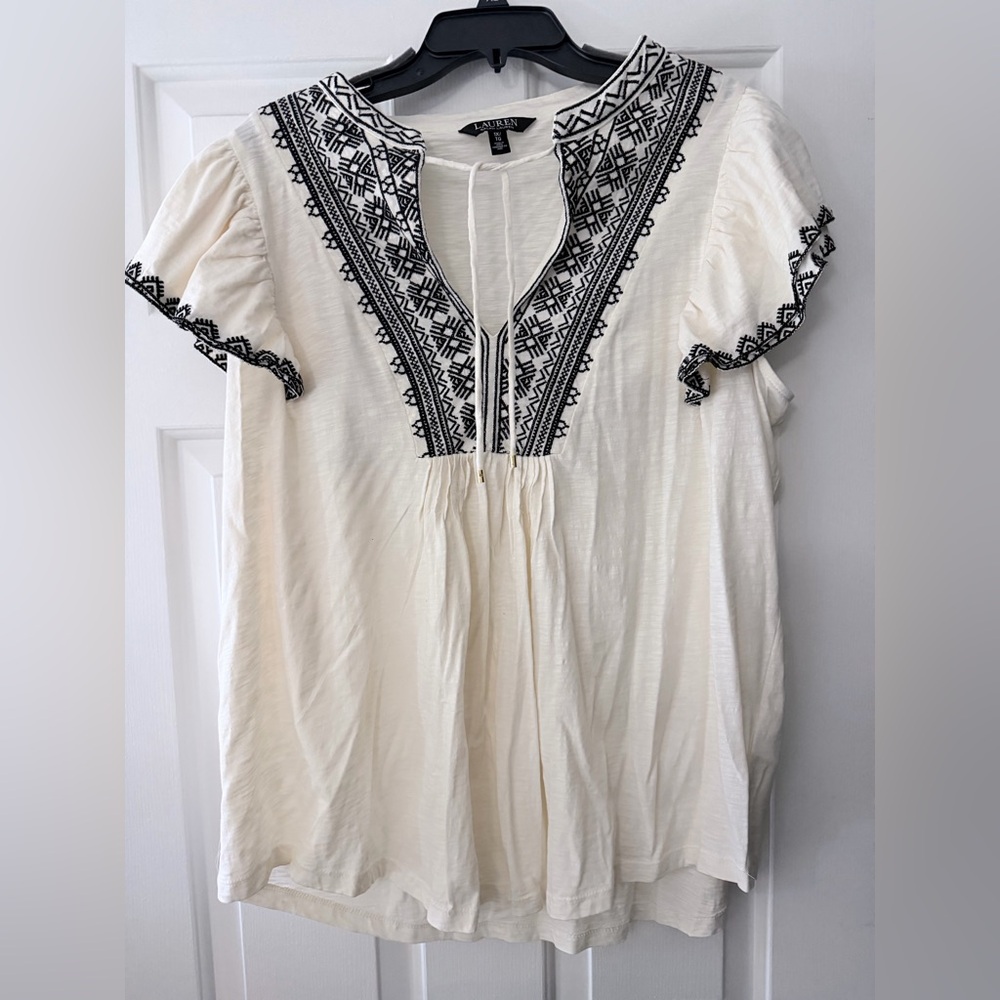 Ralph Lauren Cream Blouse with Black Embroidery, size 1X